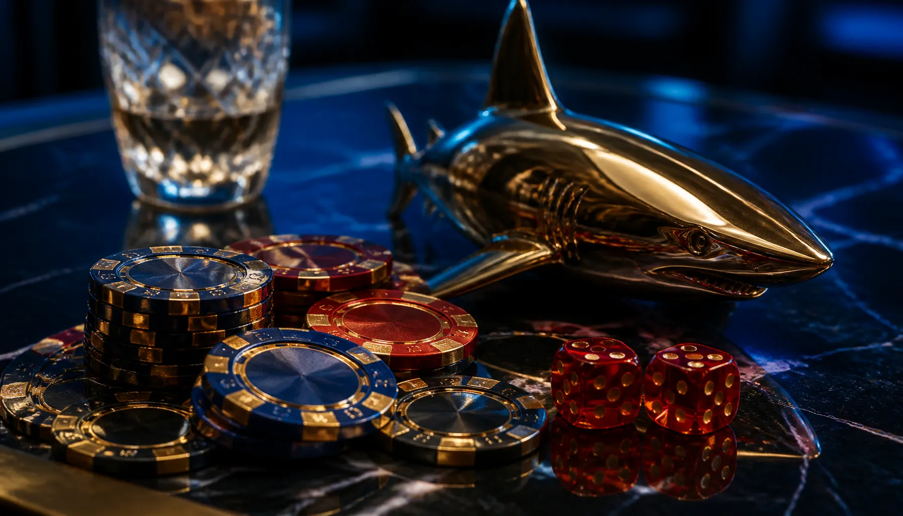 Close-up of gleaming gold casino chips scattered on deep ocean-blue velvet with a dramatic shark silhouette shadow beneath