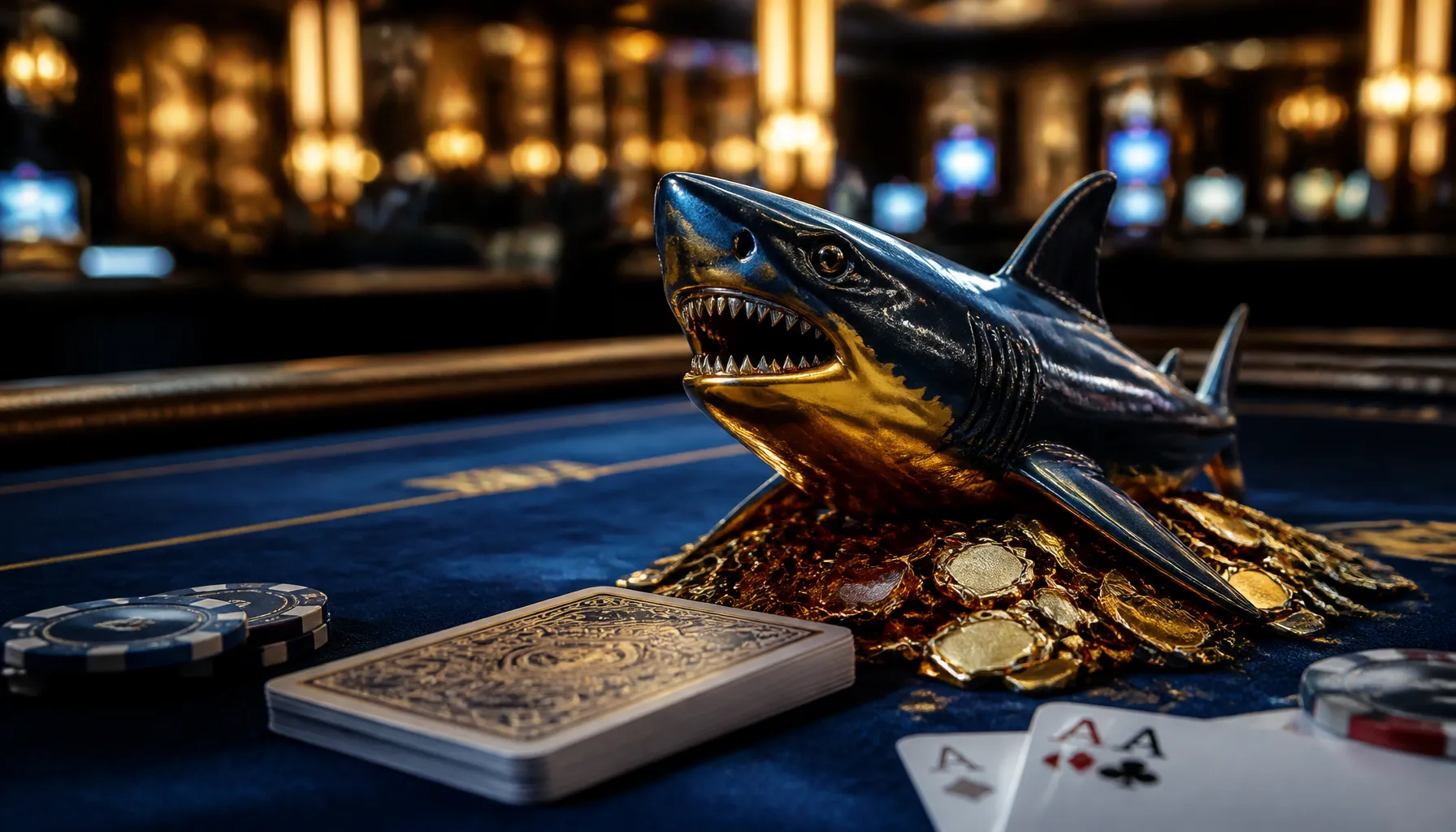 Close-up of gleaming gold casino chips scattered on deep ocean-blue velvet with a dramatic shark silhouette shadow beneath