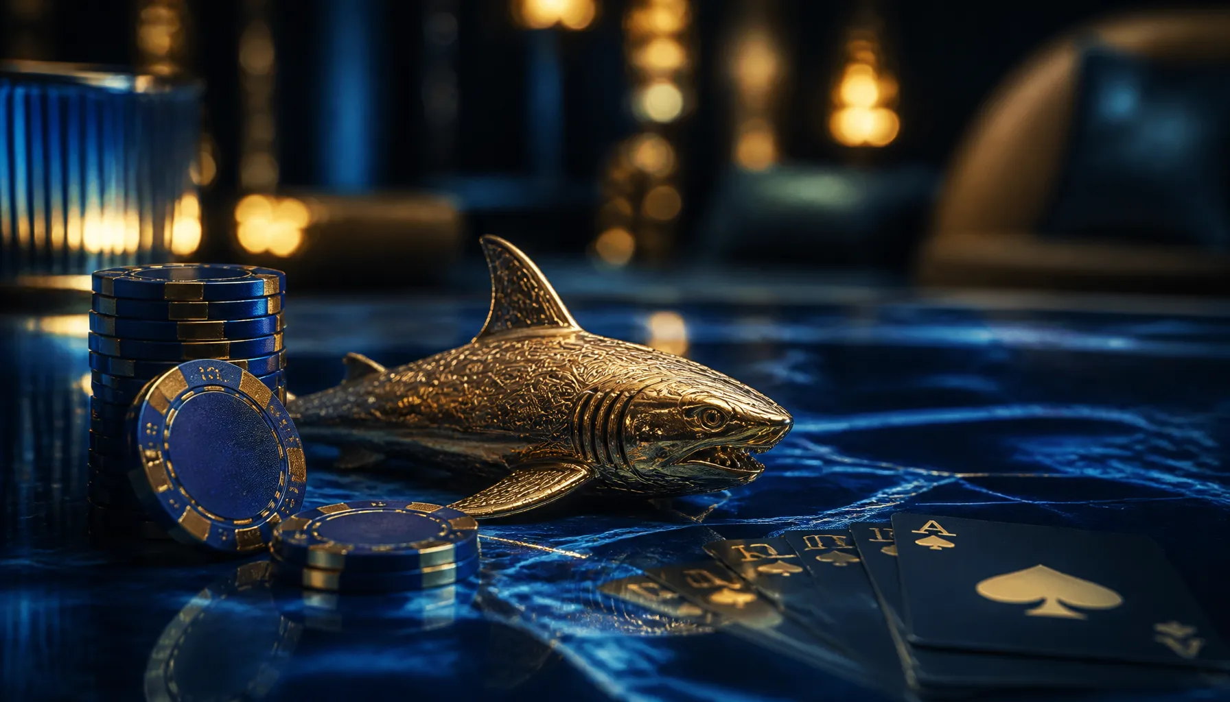Close-up of gleaming gold casino chips scattered on deep ocean-blue velvet with a dramatic shark silhouette shadow beneath